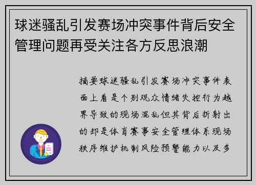 球迷骚乱引发赛场冲突事件背后安全管理问题再受关注各方反思浪潮 球迷骚乱引发赛场冲突事件背后安全管理问题再受关注各方反思浪潮